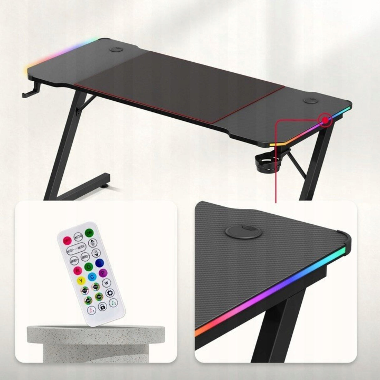 Biurko Komputerowe Gamingowe Ledy RGB Pilot + Podkładka XXL Karbon Czarne
