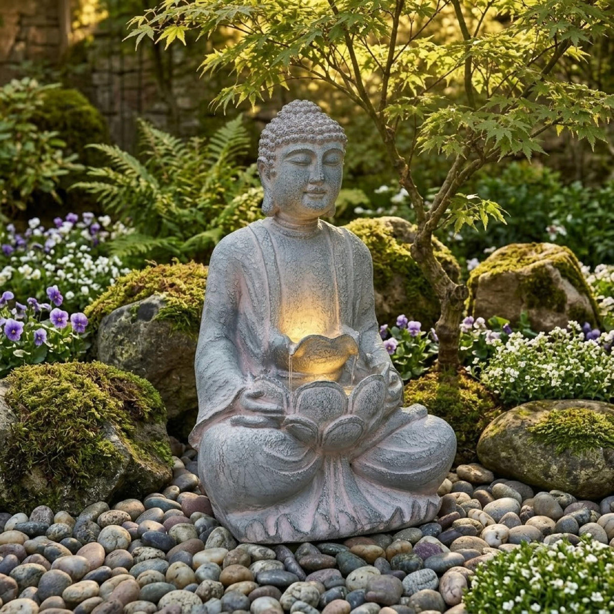 Fontanna Ogrodowa LED Budda Szara Dekoracja Wodna Do Ogrodu Tarasu 71 cm