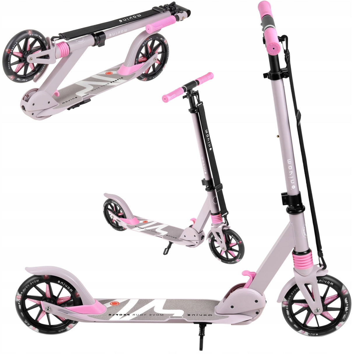 Hulajnoga Amortyzowana Składana Miejska Koła LED 180 mm Różowa ze Stopką