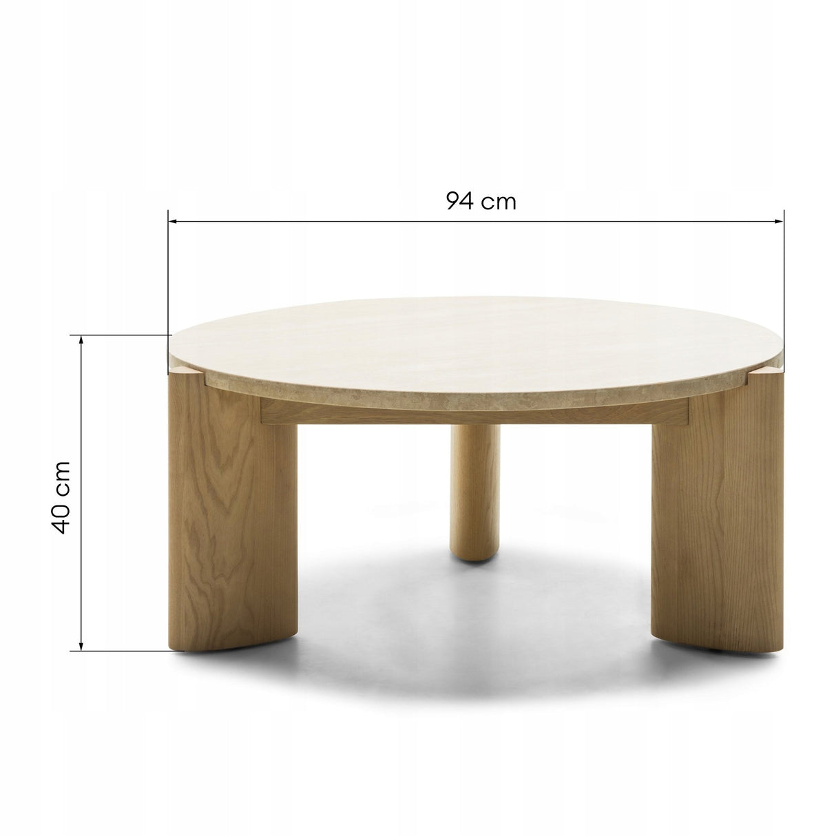 Stolik Kawowy Okrągły Blat z Naturalnego Trawertynu Trwały Jesion 90 cm