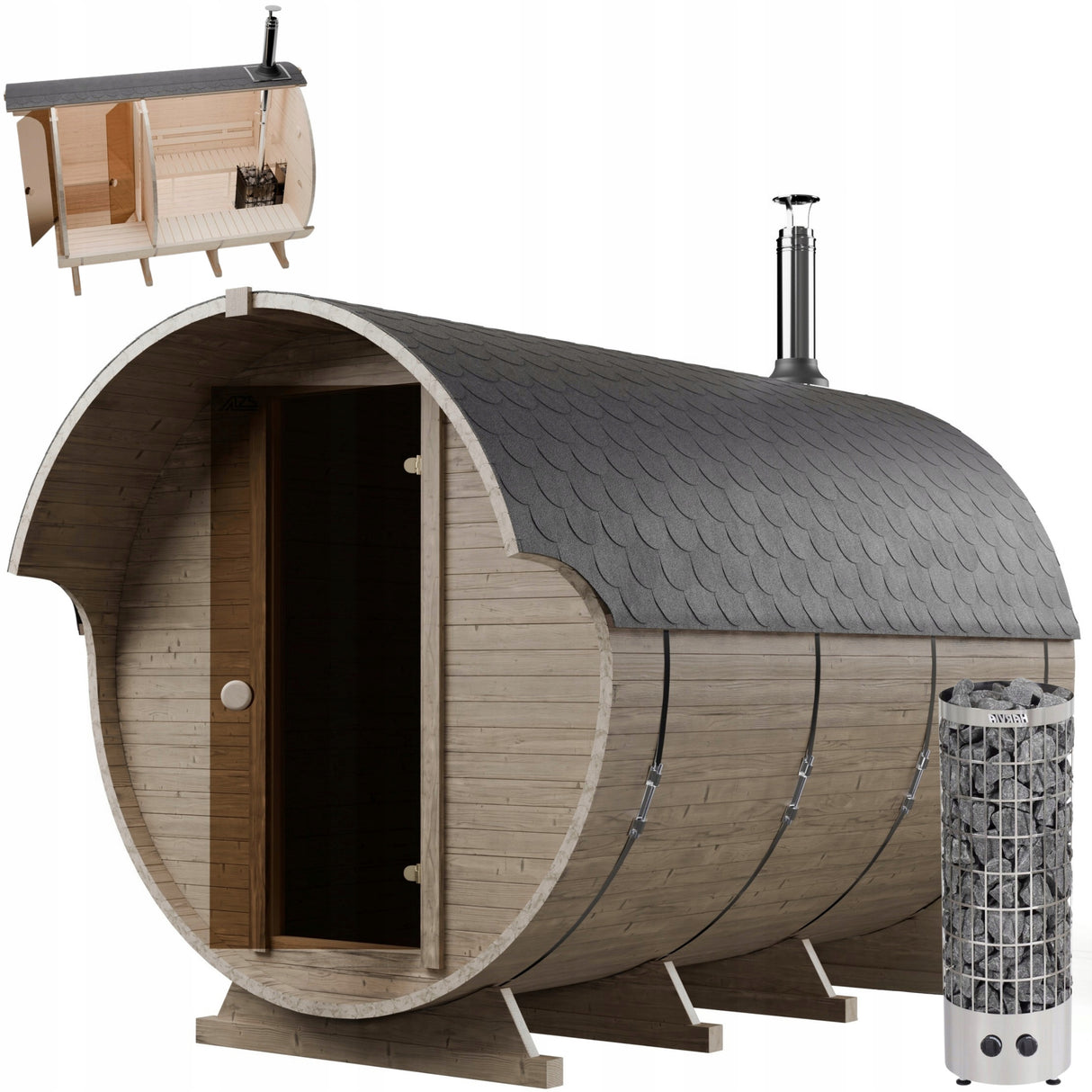 Sauna Ogrodowa z Piecem HARVIA CILINDRO PC90 Beczka 340 cm Zestaw Drewno