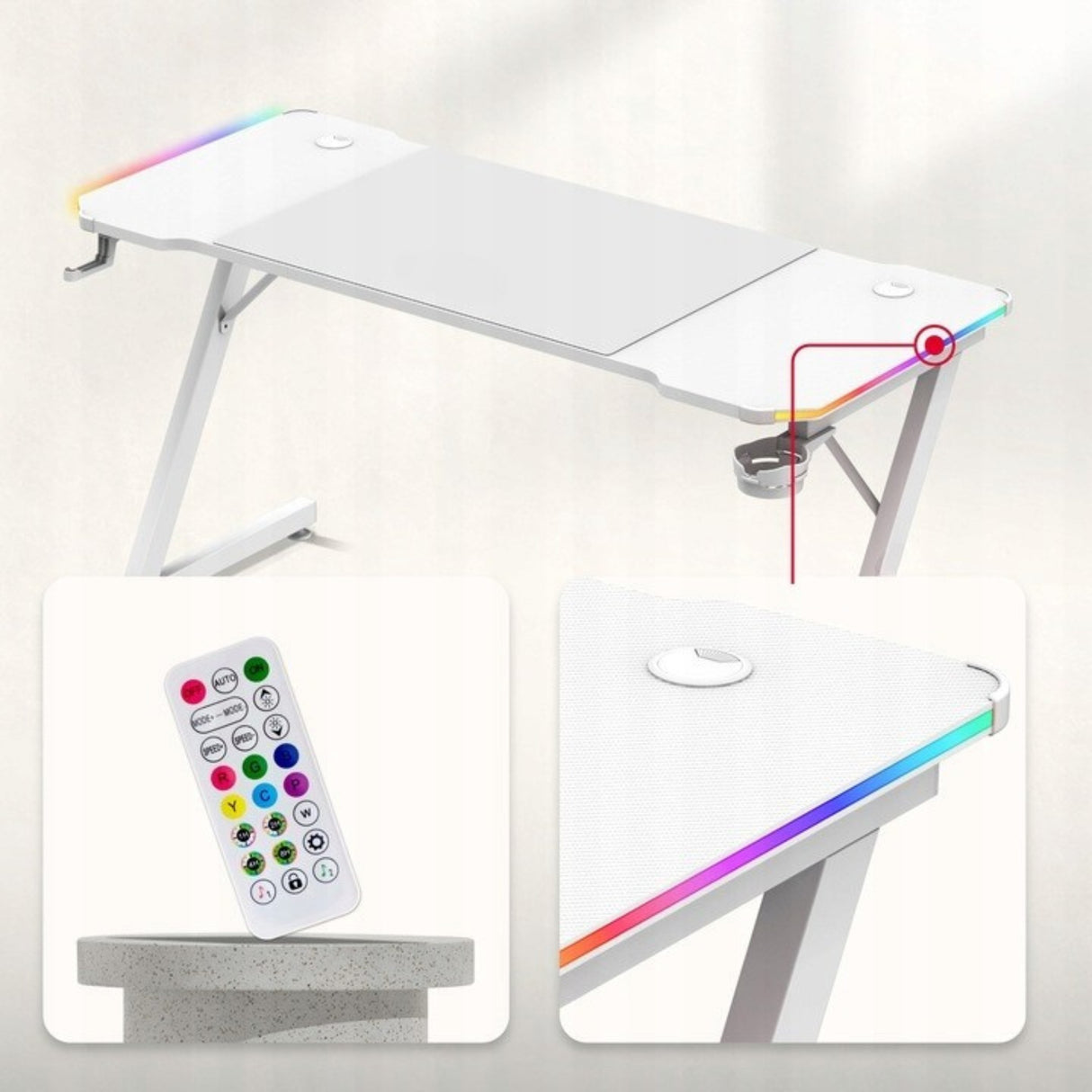 Biurko Komputerowe Gamingowe Ledy RGB Pilot + Podkładka XXL Karbon Białe