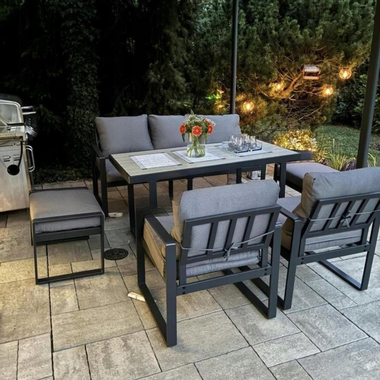 Meble Ogrodowe Metalowe Zestaw z Wysokim Stołem 140x70 cm dla Siedmiu Osób