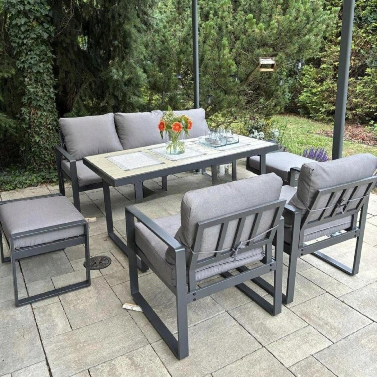Meble Ogrodowe Metalowe Zestaw z Wysokim Stołem 140x70 cm dla Siedmiu Osób