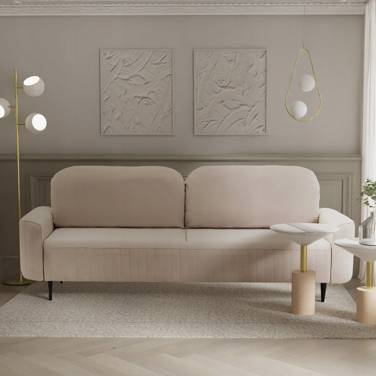 Sofa Rozkładana z Pojemnikiem na Pościel Welurowa Salonowa Beżowa 244x102cm
