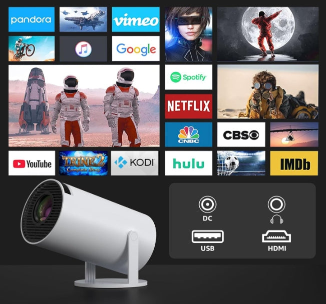 PROJEKTOR RZUTNIK ANDROID TV WIFI FULL HD PRZENOŚNY SMART GŁOŚNIK OBROTOWY