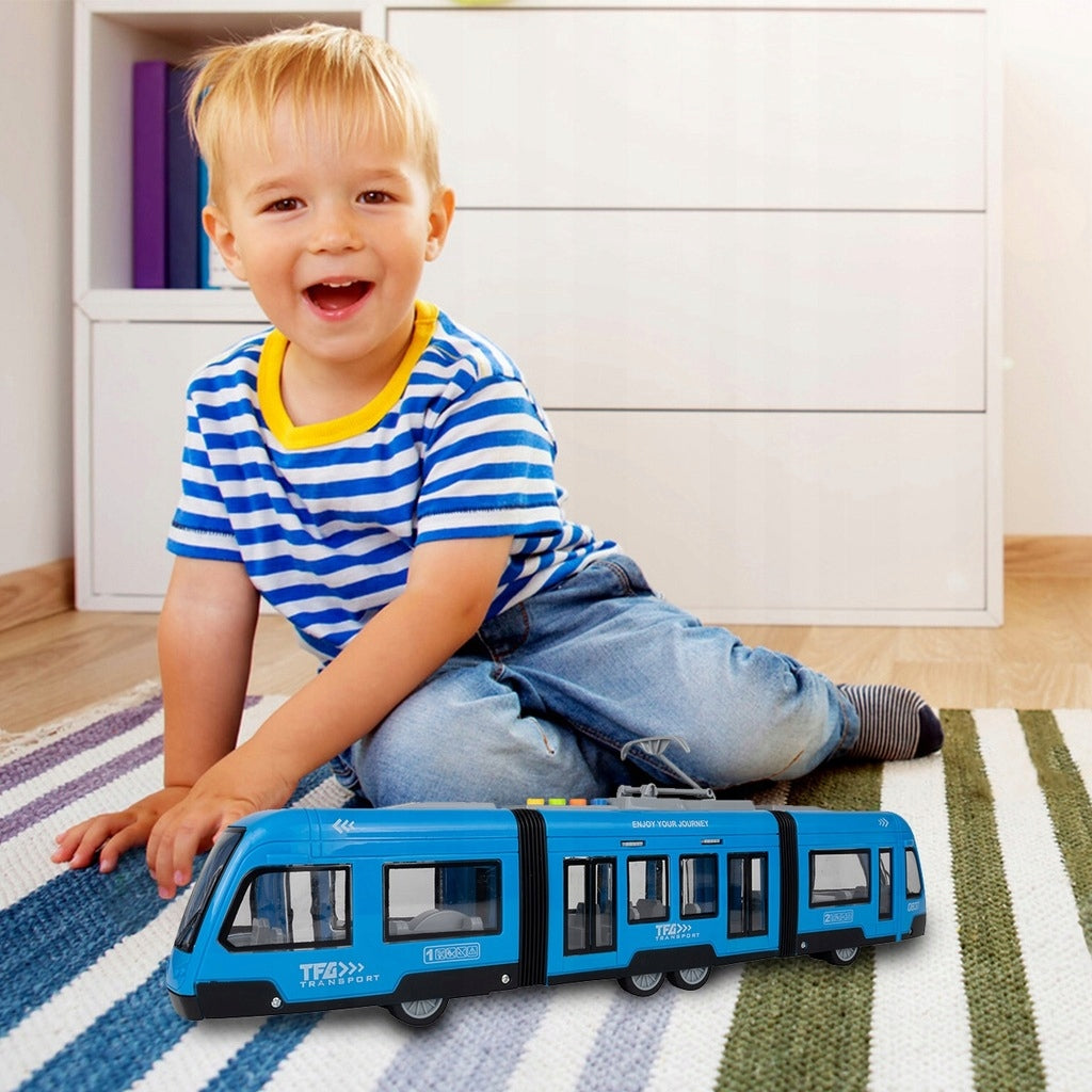 Tramwaj Trolejbus Zabawka na Baterie Światło Dźwięk Otwierane Drzwi 44cm