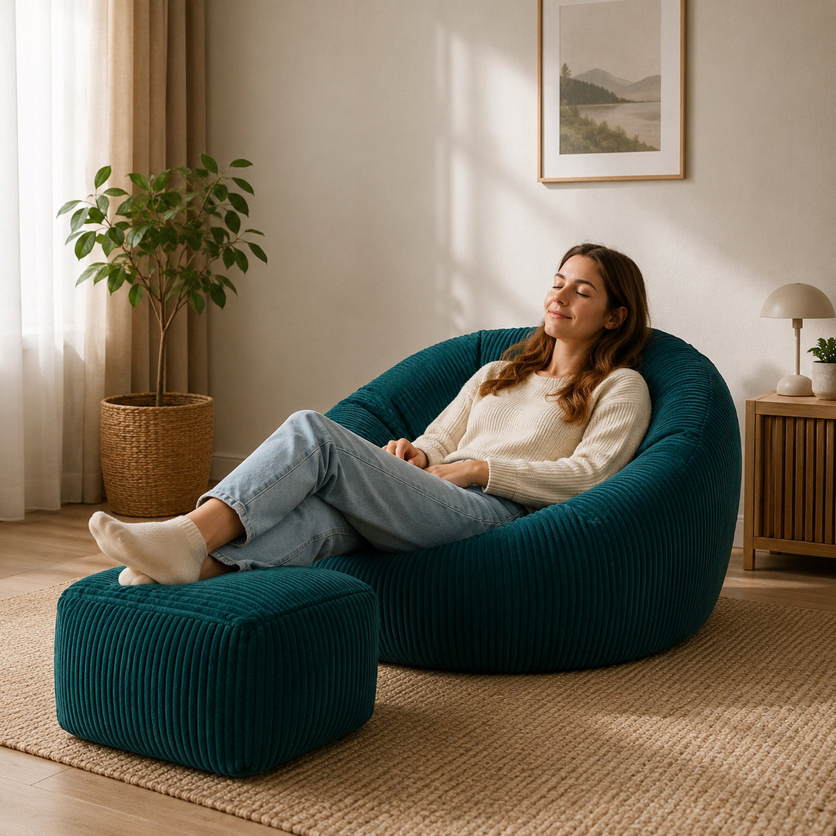 Pufa Worek Poves Kingston Cord Zielona Z Podnóżkiem 85x85x50cm Sztruksowy