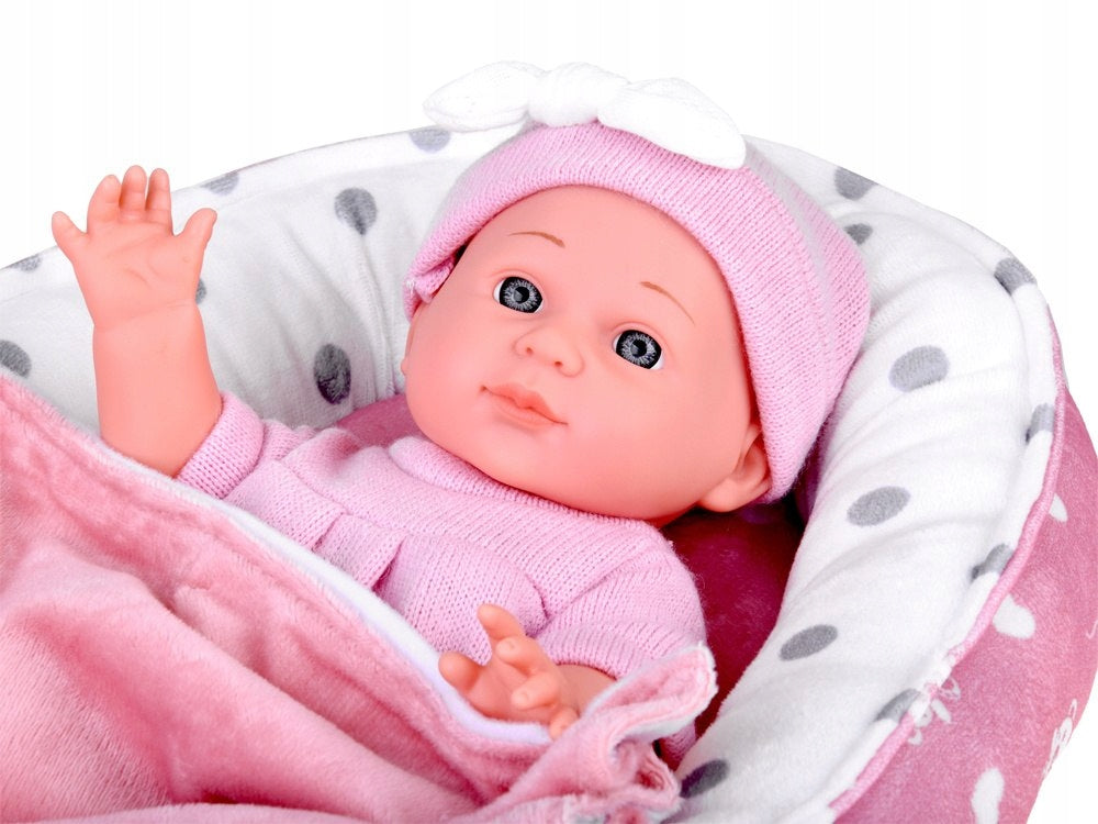 Lalka Bobas z Łóżeczkiem Niemowlak Zestaw na Prezent w Różowym Ubranku