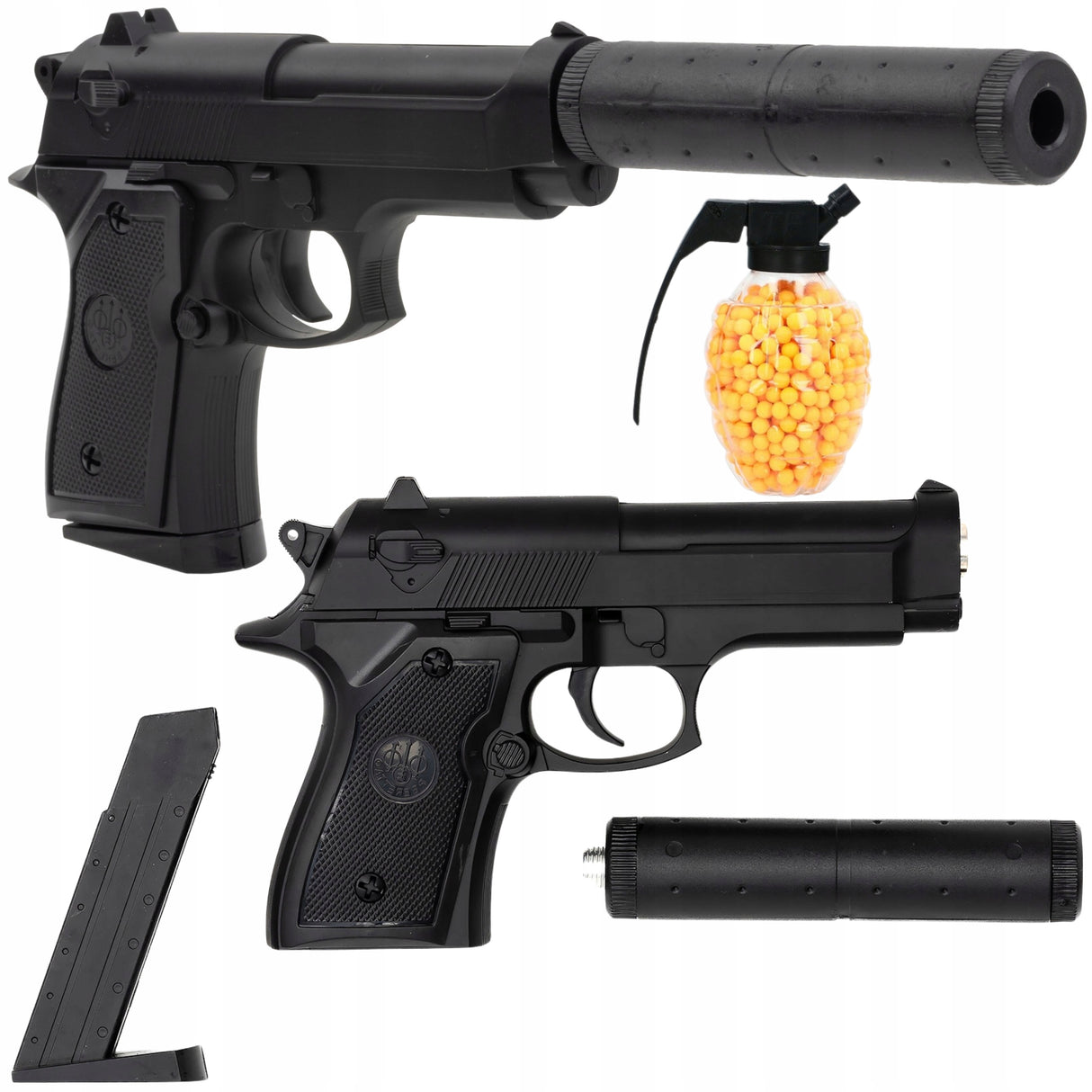 Pistolet na Kulki Metalowy Pistolet Beretta z Tłumikiem + Duży Granat 6mm