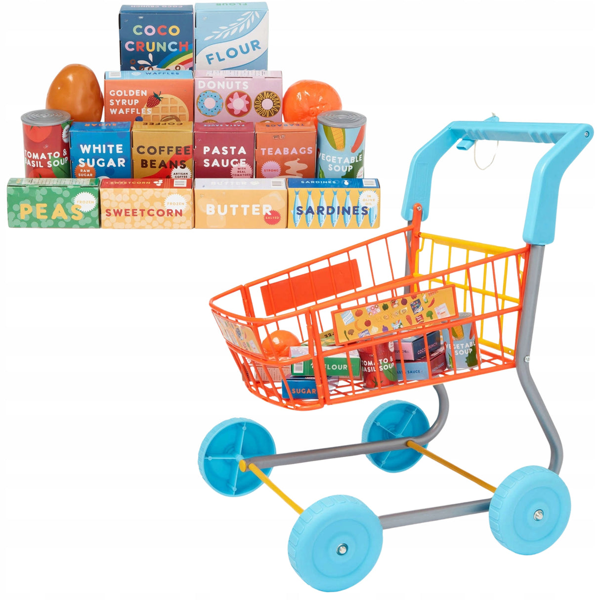 Wózek Zakupowy Supermarket Koszyk dla Dzieci Zestaw Sklepowy Akcesoria 50cm
