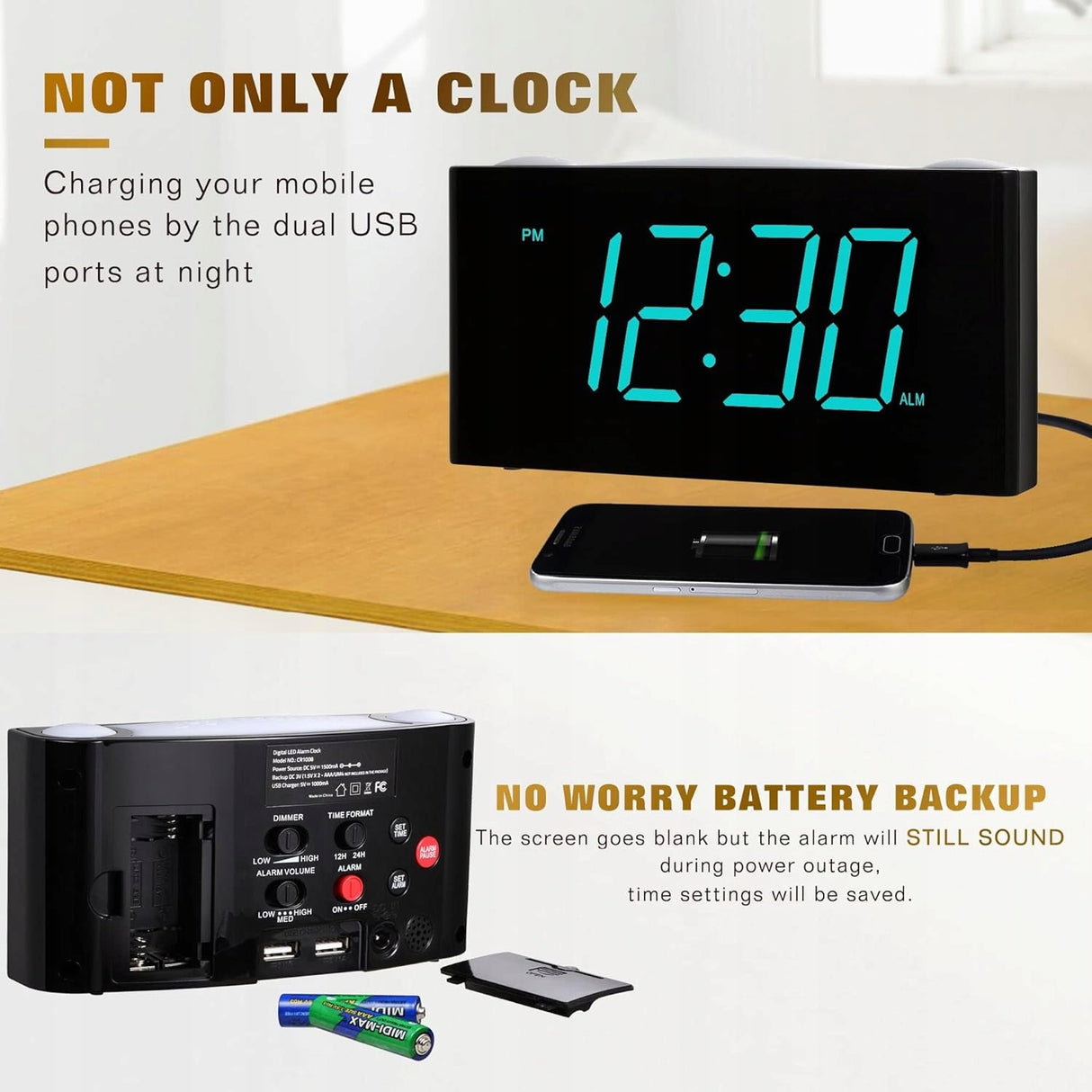 Alarm Budzik Wyświetlacz Ładowarką USB Duży 7 Kolorów Regulacja Jasności