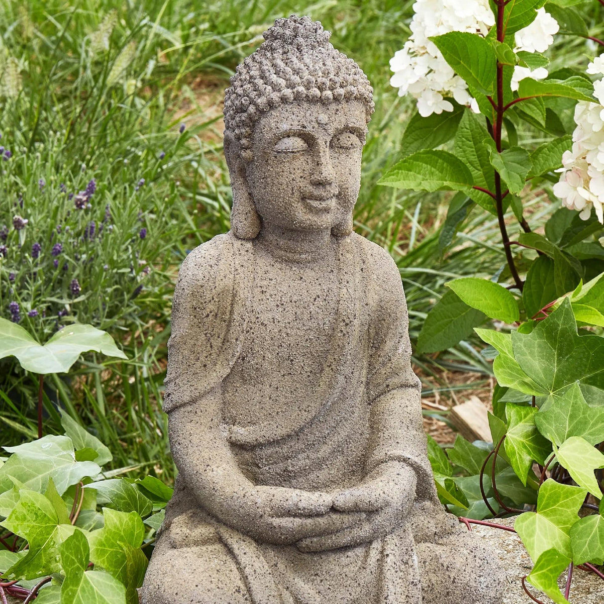 Rzeźba Ogrodowa Dekoracyjna do Ogrodu Wnętrza Ozdobna Budda Szary Figurka