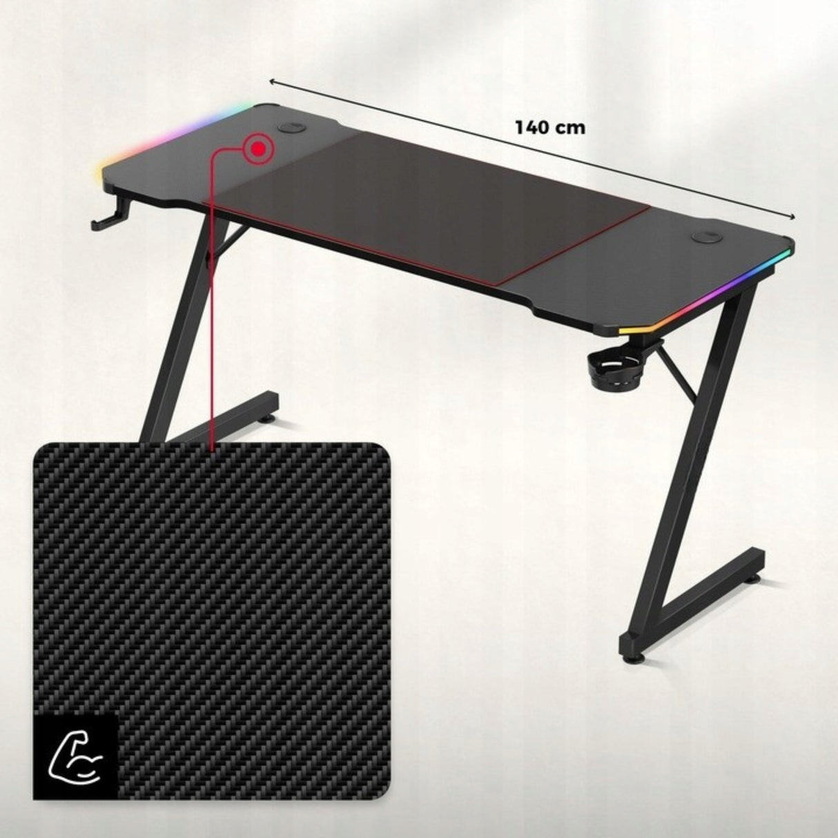 Biurko Komputerowe Gamingowe Ledy RGB Pilot + Podkładka XXL Karbon Czarne