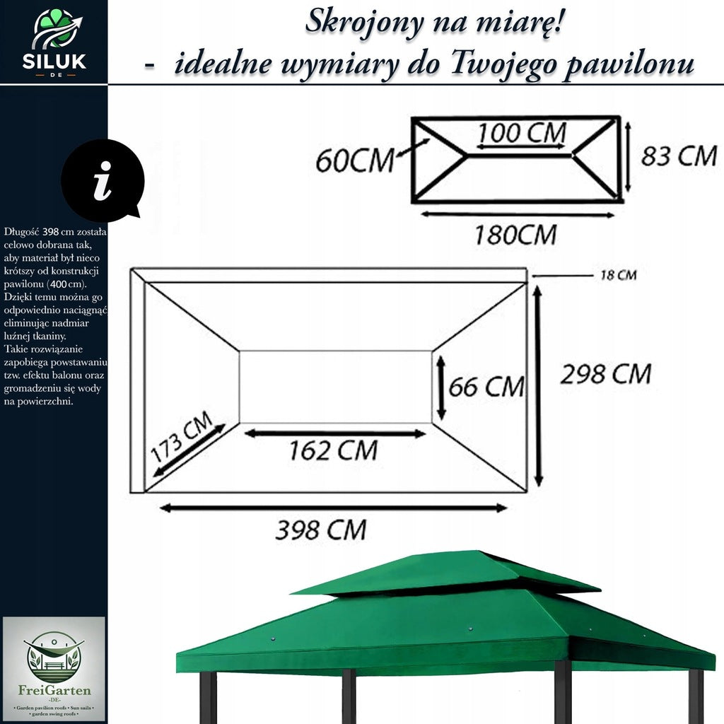 Dach Pawilon Poszycie Wodoodporny M5 Zielony 4x3m z Kominem do Cyrkulacji