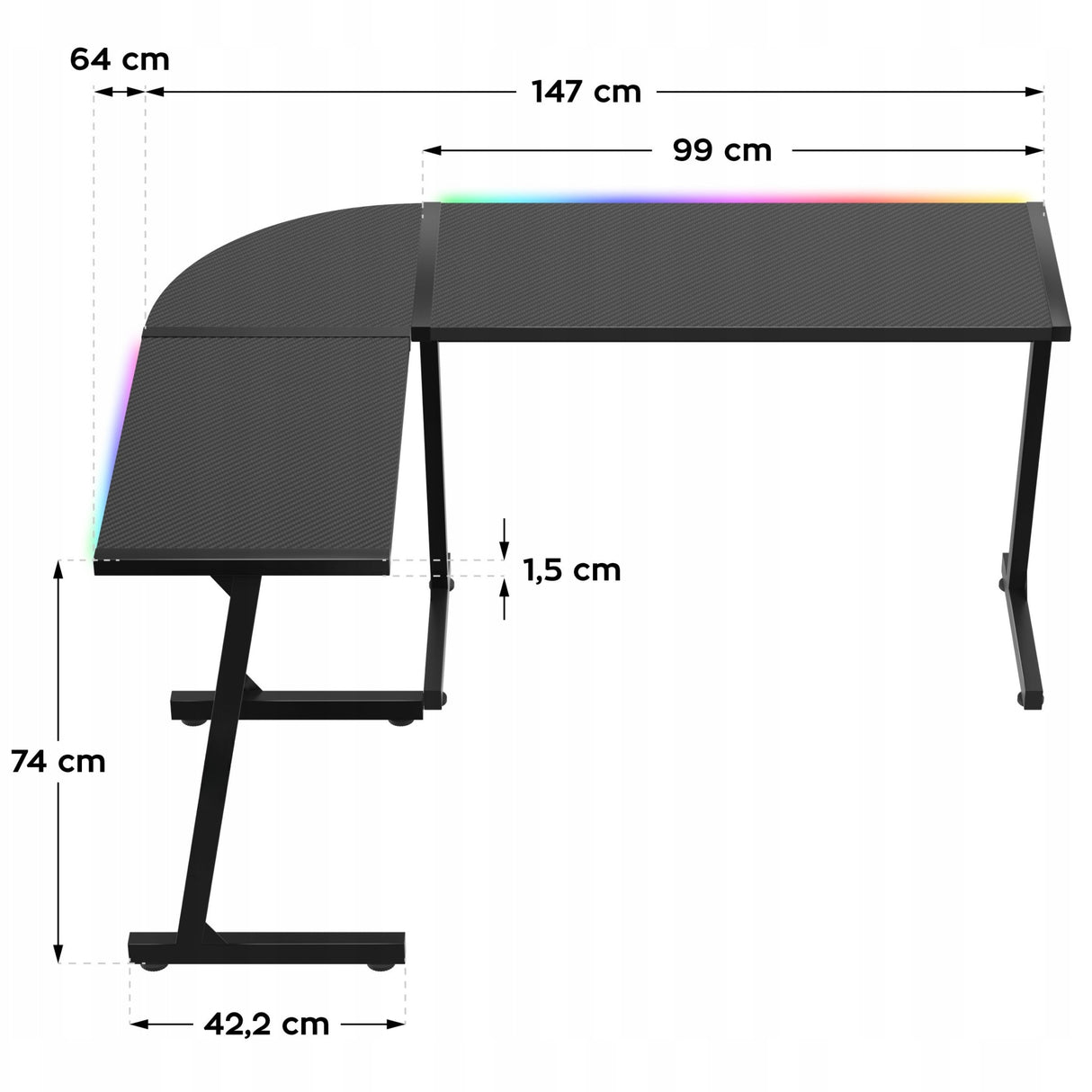 Biurko Gamingowe Młodzieżowe Narożne RGB LED Pilot Dwustronne L/P Czarne