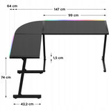 Biurko Gamingowe Młodzieżowe Narożne RGB LED Pilot Dwustronne L/P Czarne