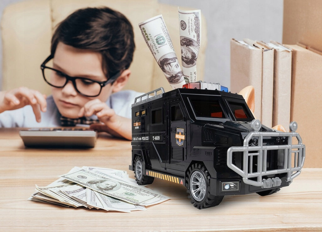Skarbonka Sejf na Monety Banknoty PIN Bankomat dla Dzieci Auto Policyjne