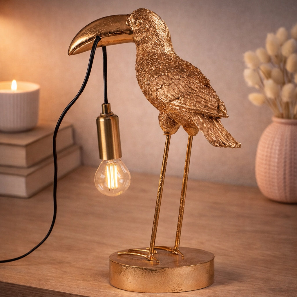 Lampa Złota Stołowa w Kształcie Tukana Elegancka Lampka Mosiądz 42 cm Tukan