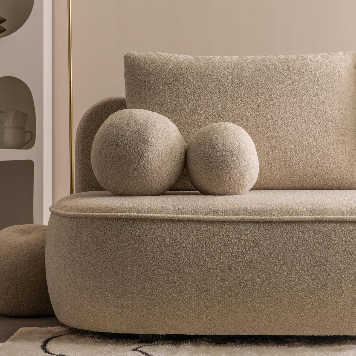 Sofa Zaokrąglony Kształt z Funkcją Spania i Pojemnikiem Jasnobeżowa 212x100