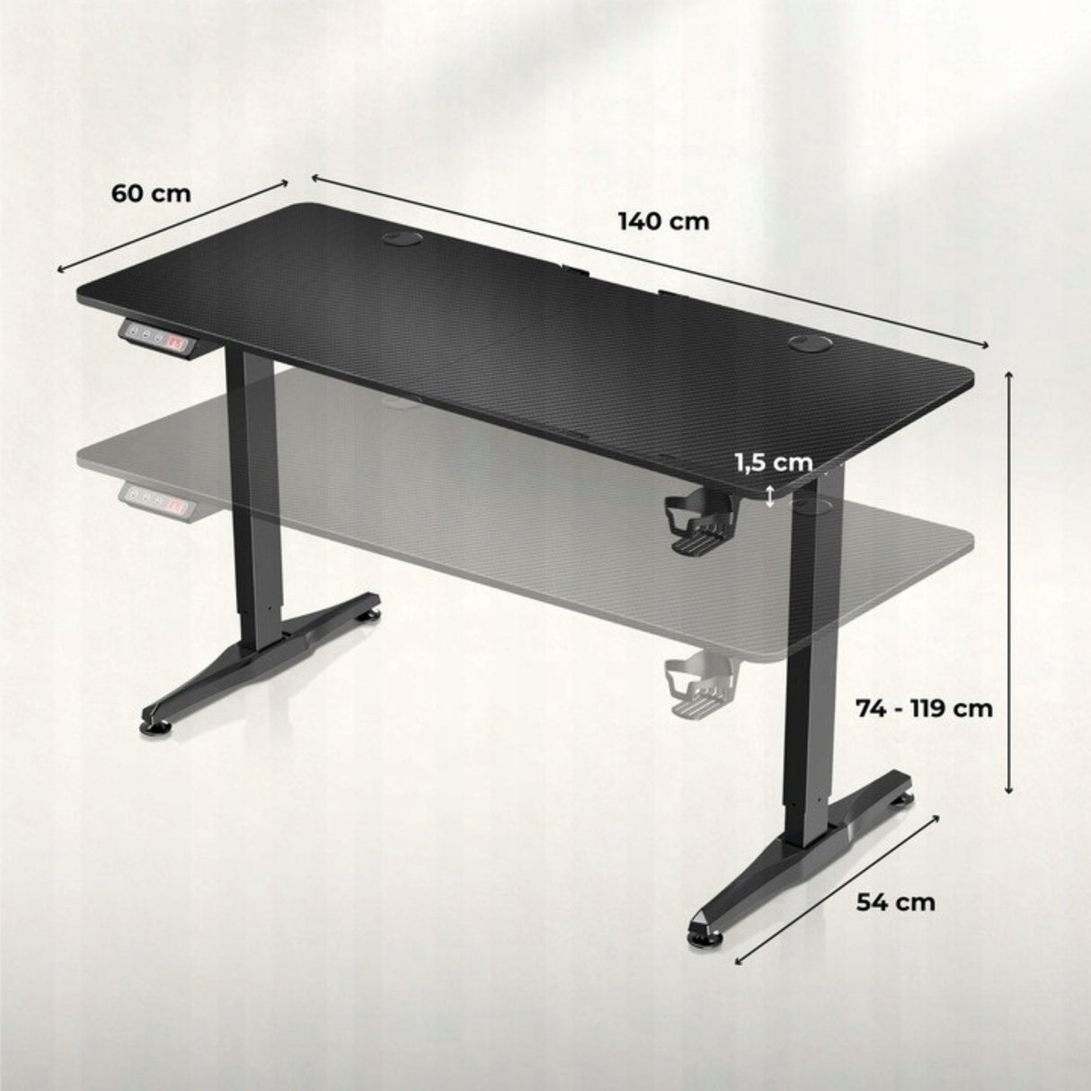 Biurko Elektryczne Regulowane Gamingowe Biurowe Panel LED Duże Czarne 140cm