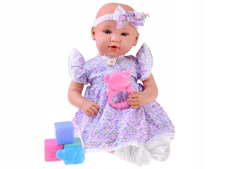 Lalka Interaktywna w Liliowej Sukience + Akcesoria Bobas Niemowlak 46 cm