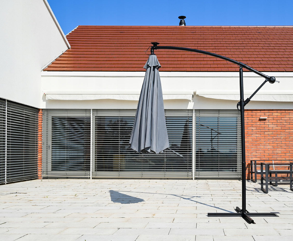 Parasol Ogrodowy Z Wysięgnikiem LED Z Oświetleniem Solar Szary 350 cm