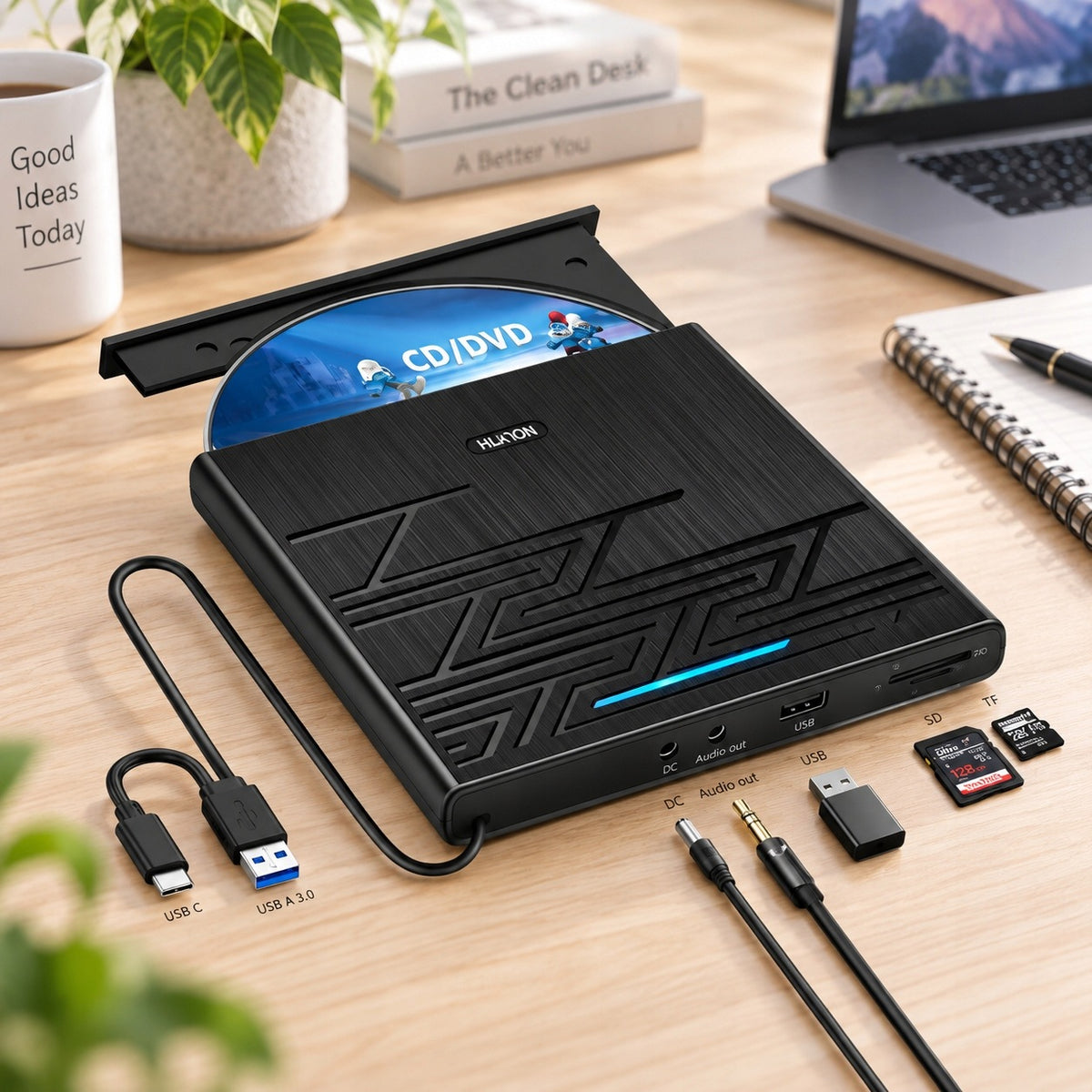 Zewnętrzny Napęd Nolyth CD DVD CT06 Czarny USBC Gniazdo Audio 3,5mm hub USB