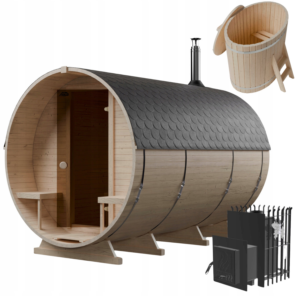 Sauna OgrodowaBeczka 340x220 cm Zestaw z Piecem na Drewno i Balią 120 cm