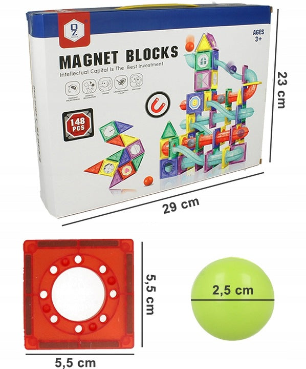 Klocki Magnetyczne Edukacyjne Tor Kulkowy Zjeżdżalnia dla Dziecka 148 El