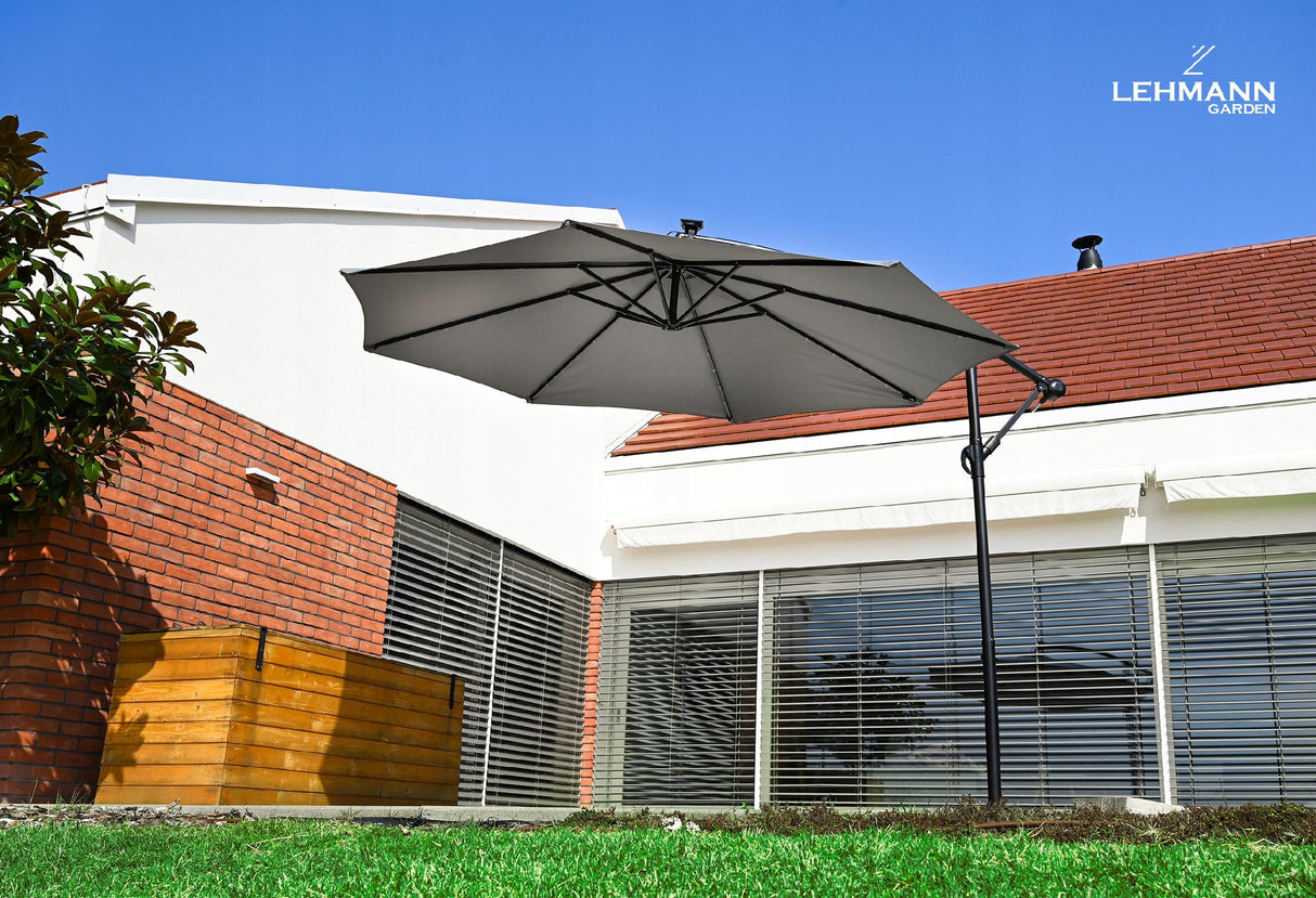 Parasol Ogrodowy Z Wysięgnikiem LED Z Oświetleniem Solar Szary 350 cm