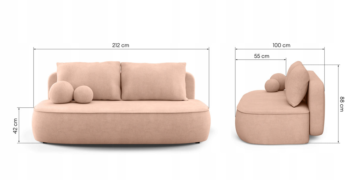 Sofa Zaokrąglony Kształt z Funkcją Spania Pojemnikiem Brzoskwiniowa 212x100
