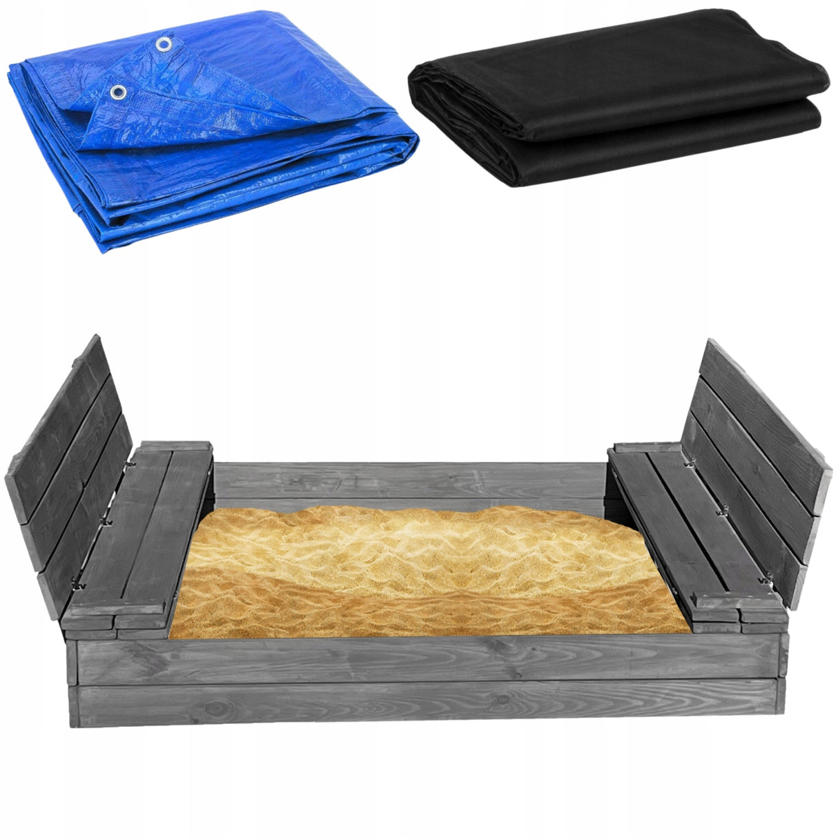 Piaskownica Drewniana Zamykana Składana Z Ławkami Szara+ GRATIS 150x150 XXL