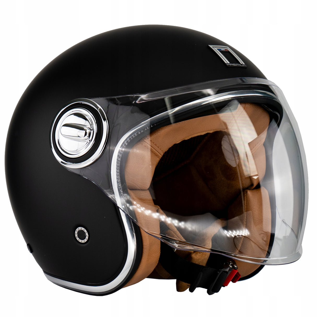 Kask Motocyklowy Elegancki Premium Neo-Retro Czarny Mat Skóra Beż Nox S