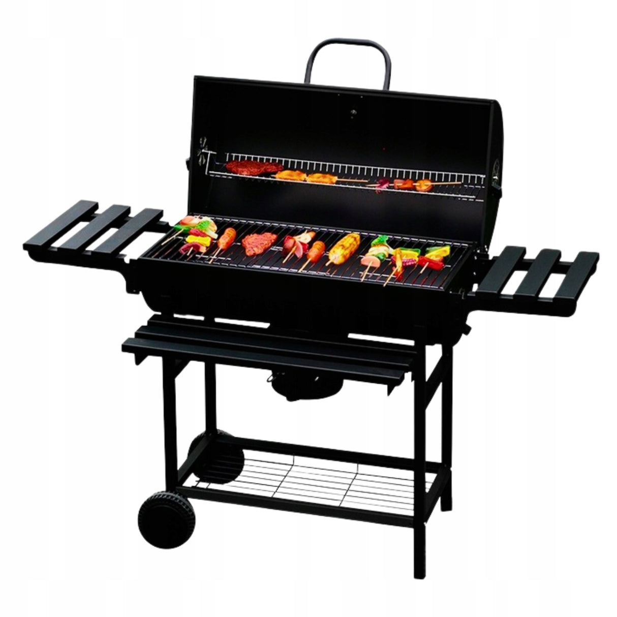 GRILL OGRODOWY WĘGLOWY Z POKRYWĄ I PÓŁKAMI VL09 CZARNY 76 x 40 cm