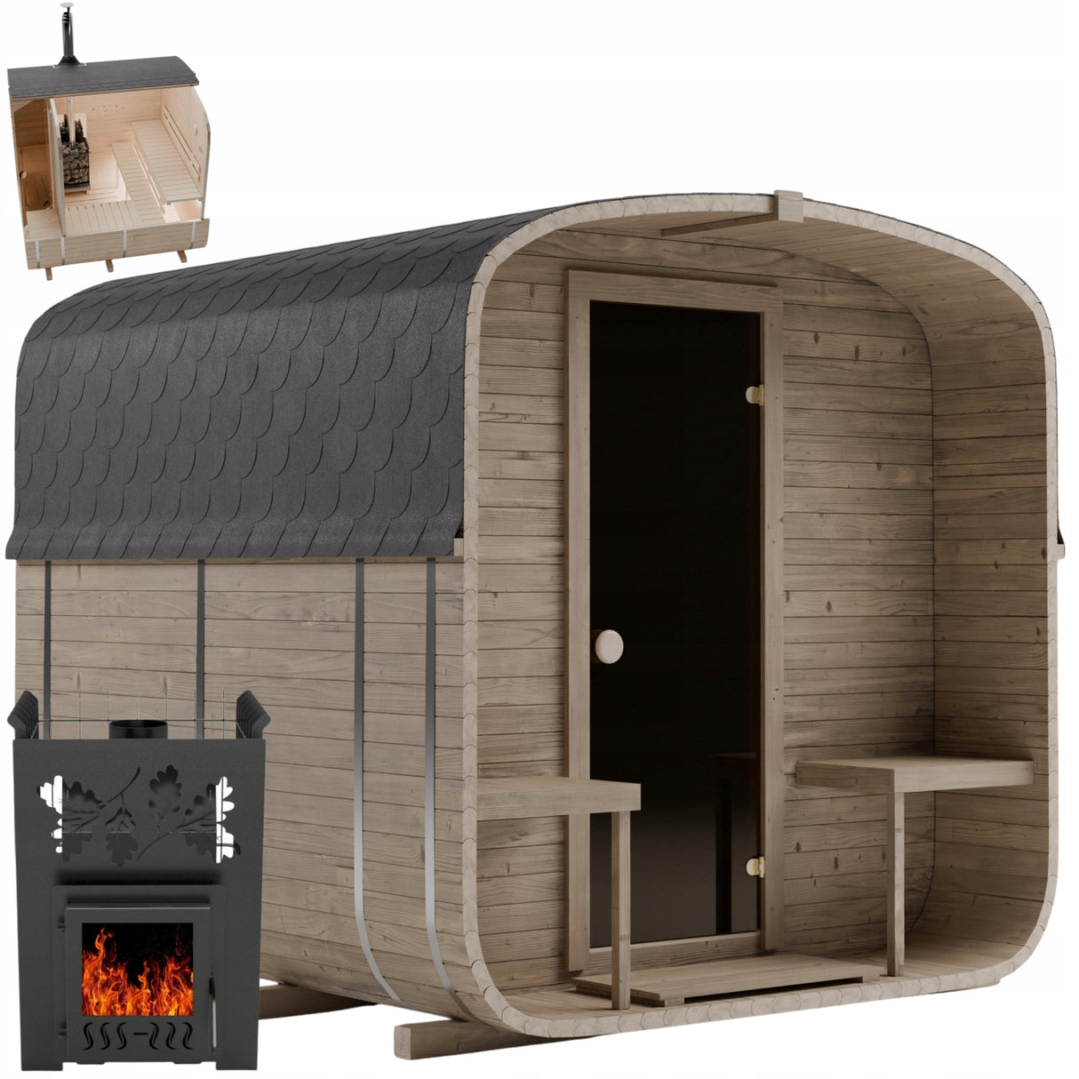Sauna Ogrodowa Quadro 240 cm z Piecem na Drewno od Wewnątrz Zestaw Drewno