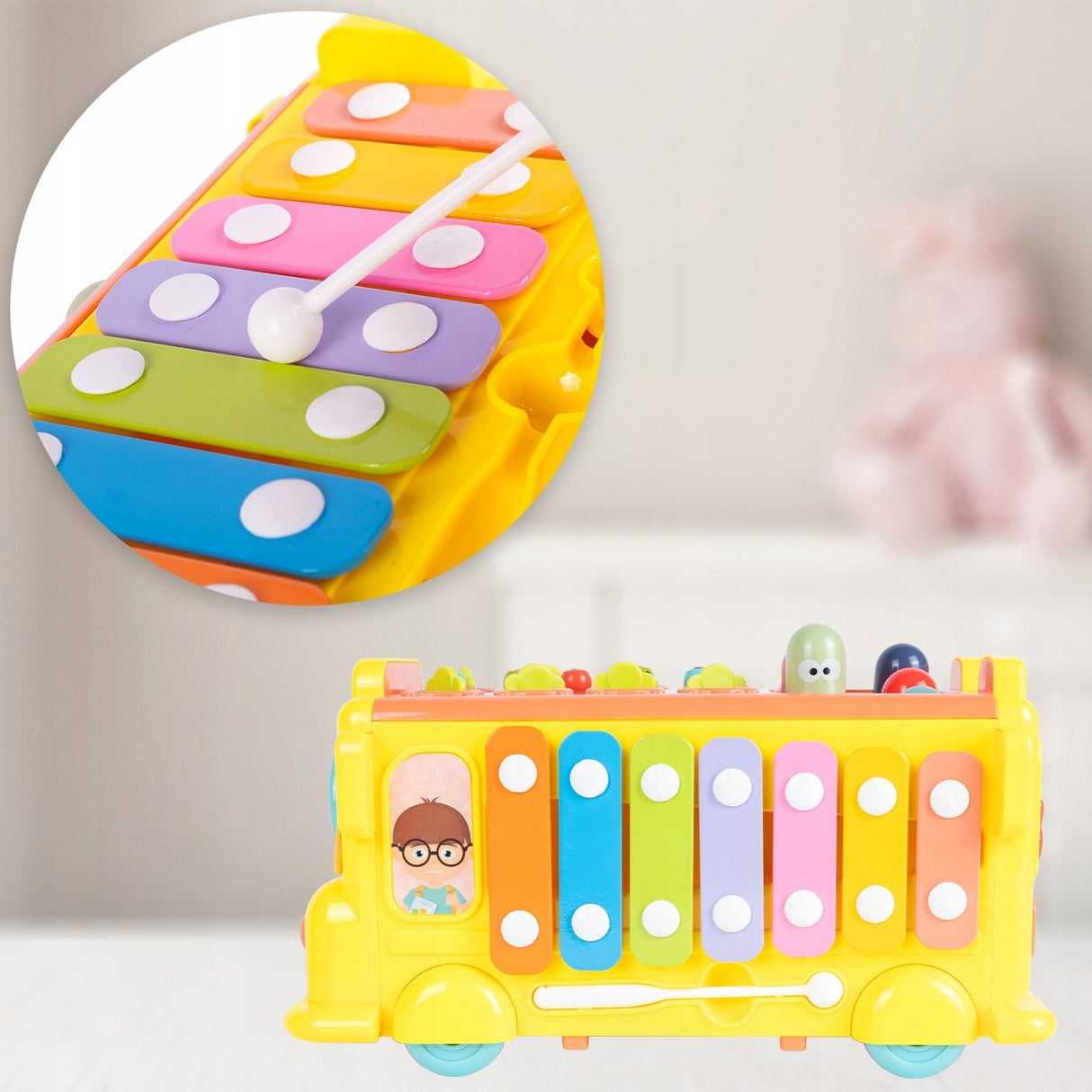 Autobus Edukacyjny Sorter Montessori Klocki Złap Robaczka z Cymbałkami
