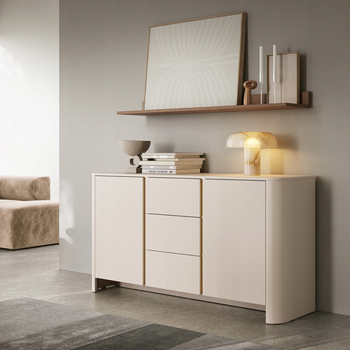 Komoda Dwudrzwiowa z Szufladami Zaokrąglona 168 cm Cashmere Gold 168x39 cm