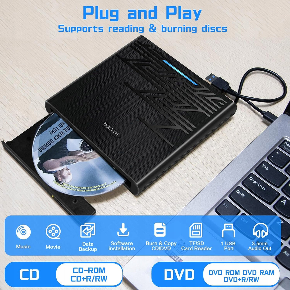 Zewnętrzny Napęd Nolyth CD DVD CT06 Czarny USBC Gniazdo Audio 3,5mm hub USB