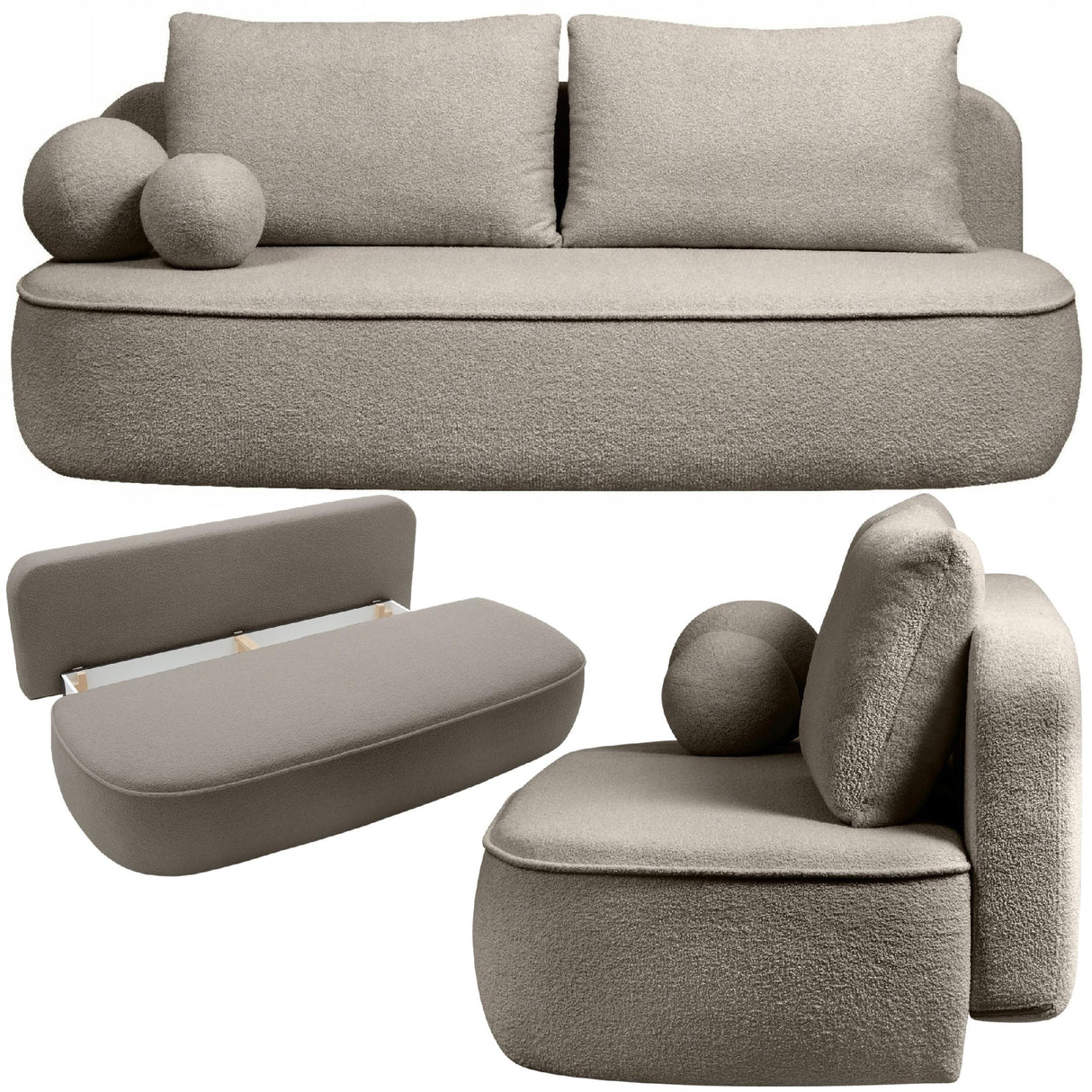 Sofa Zaokrąglony Kształt z Funkcją Spania Pojemnikiem Brązowoszara 212x100