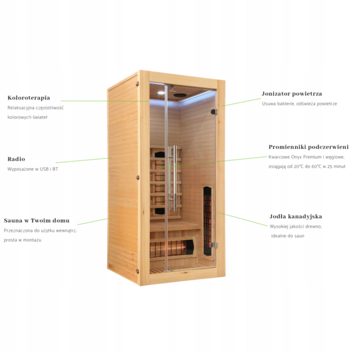 Sauna Jednoosobowa Infrared Naturalna na 1 Osobę Domowe Spa Aurora Heat