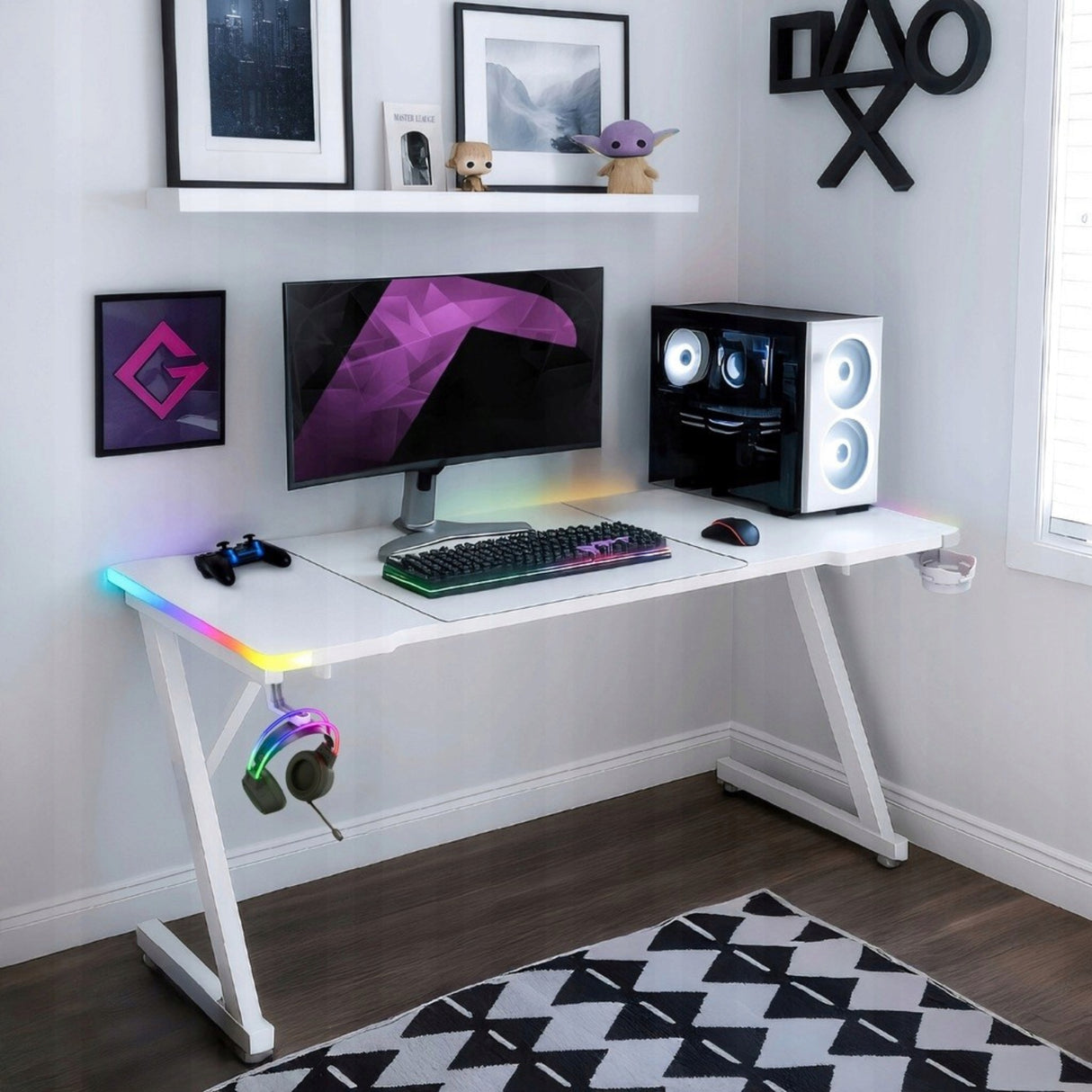 Biurko Komputerowe Gamingowe Ledy RGB Pilot + Podkładka XXL Karbon Białe
