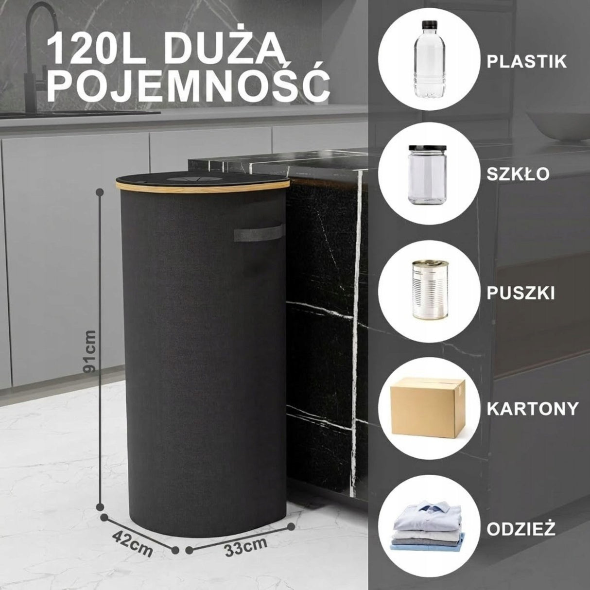 Kosz do Segregacji 120L na butelki Puszki z Workiem Składany Recyklingu