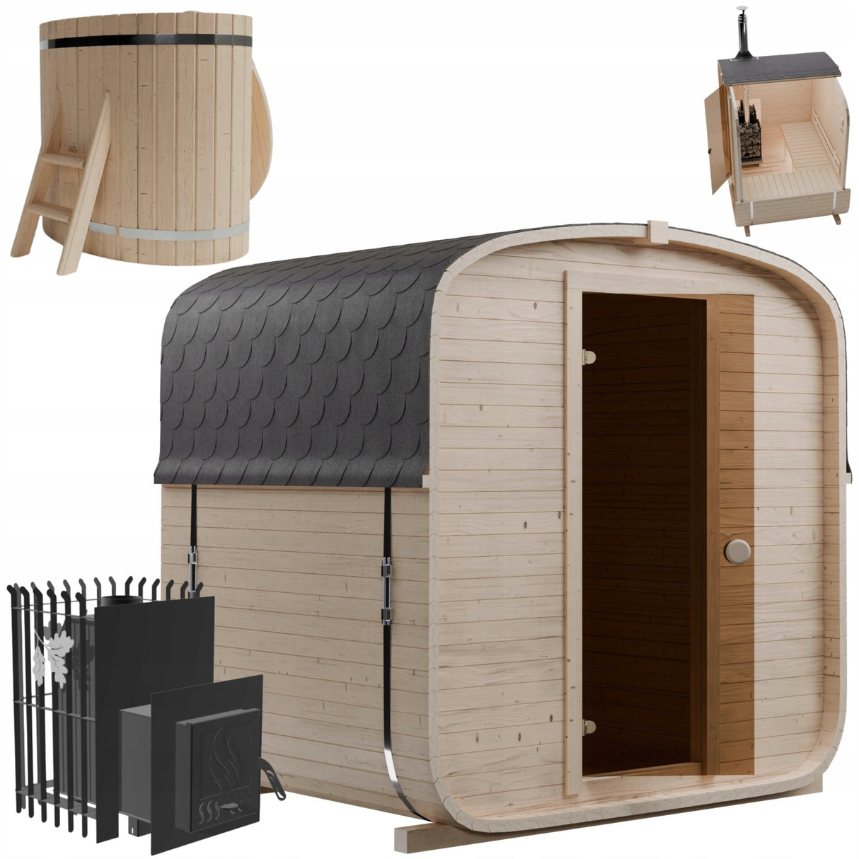 Sauna Ogrodowa Quadro 180 cm Zestaw z Piecem na Drewno i Balią 120 cm