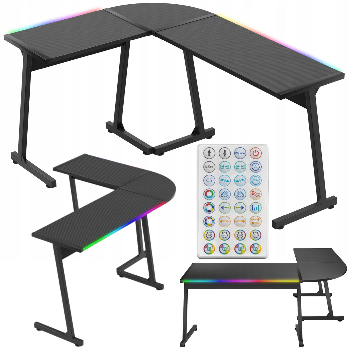 Biurko Gamingowe Młodzieżowe Narożne RGB LED Pilot Dwustronne L/P Czarne