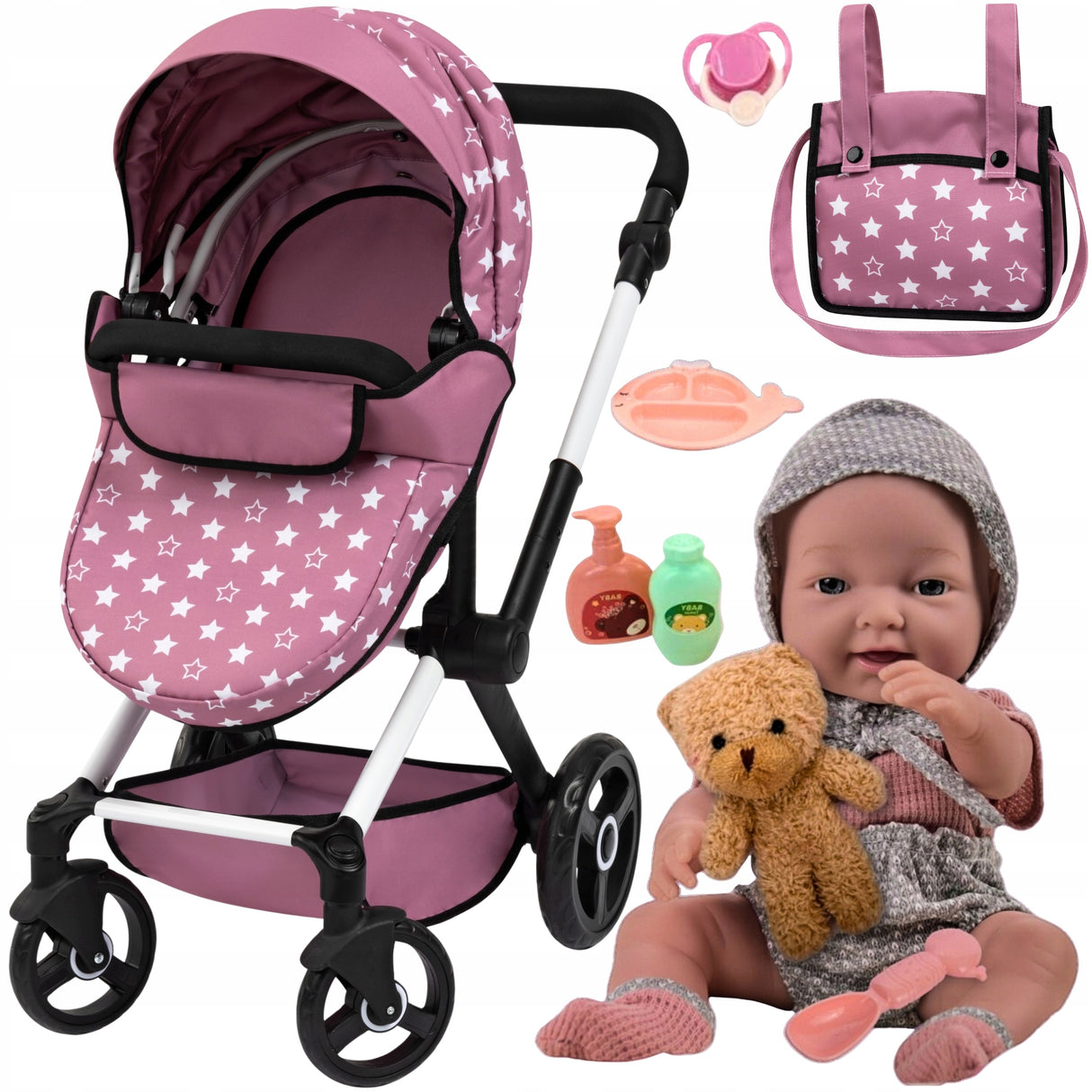 Wózek dla Lalek w Gwiazdki Spacerowy + Lalka z Akcesoriami 36cm Duży ZESTAW