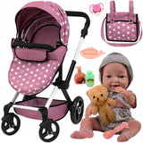 Wózek dla Lalek w Gwiazdki Spacerowy + Lalka z Akcesoriami 36cm Duży ZESTAW