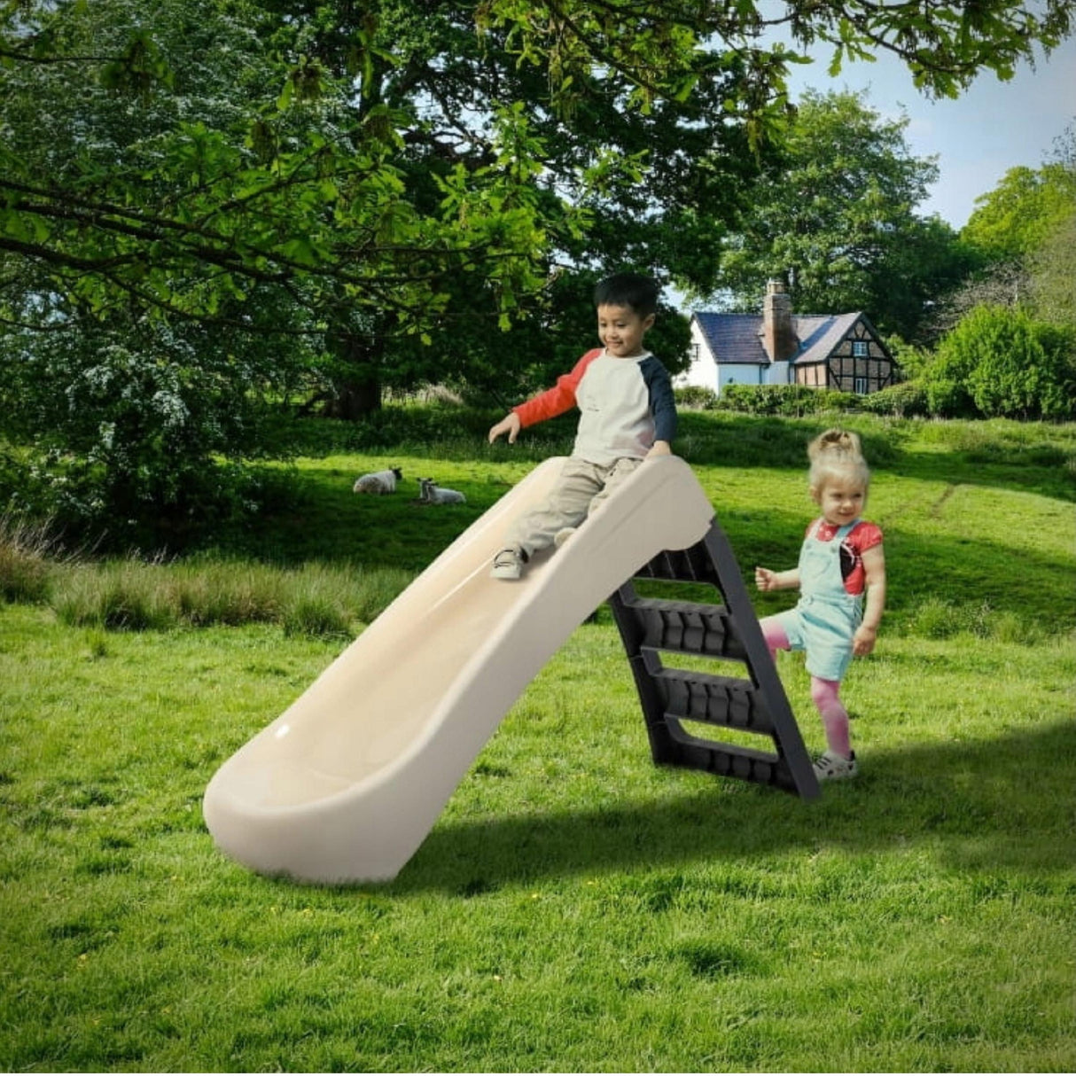 Domek Ogrodowy Duży Dom na Ogród XXL + Naklejki 140x111cm Szaro-beżowy