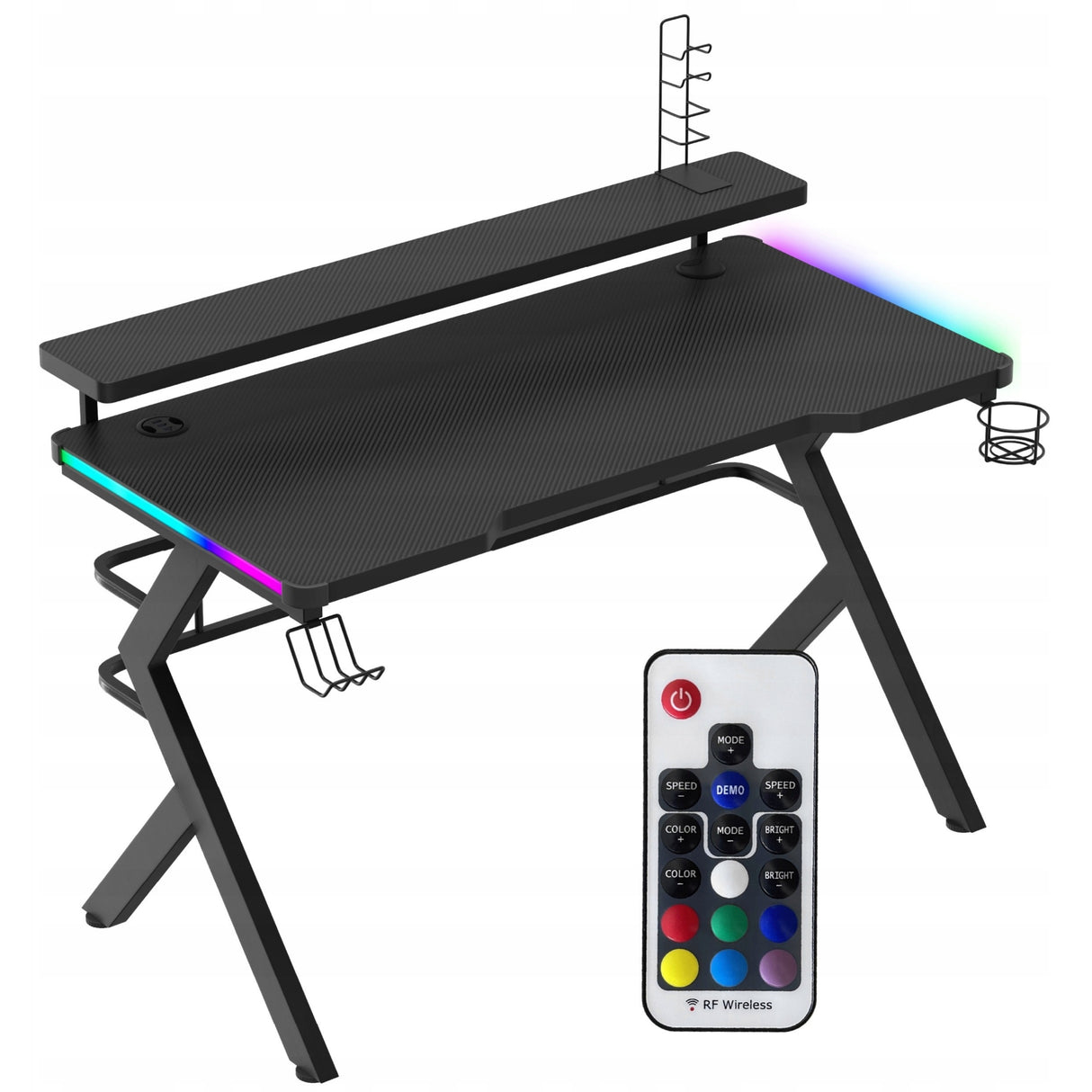 Biurko Gamingowe dla Gracza Młodzieżowe z Nadstawką+Uchwyty RGB LED Czarne