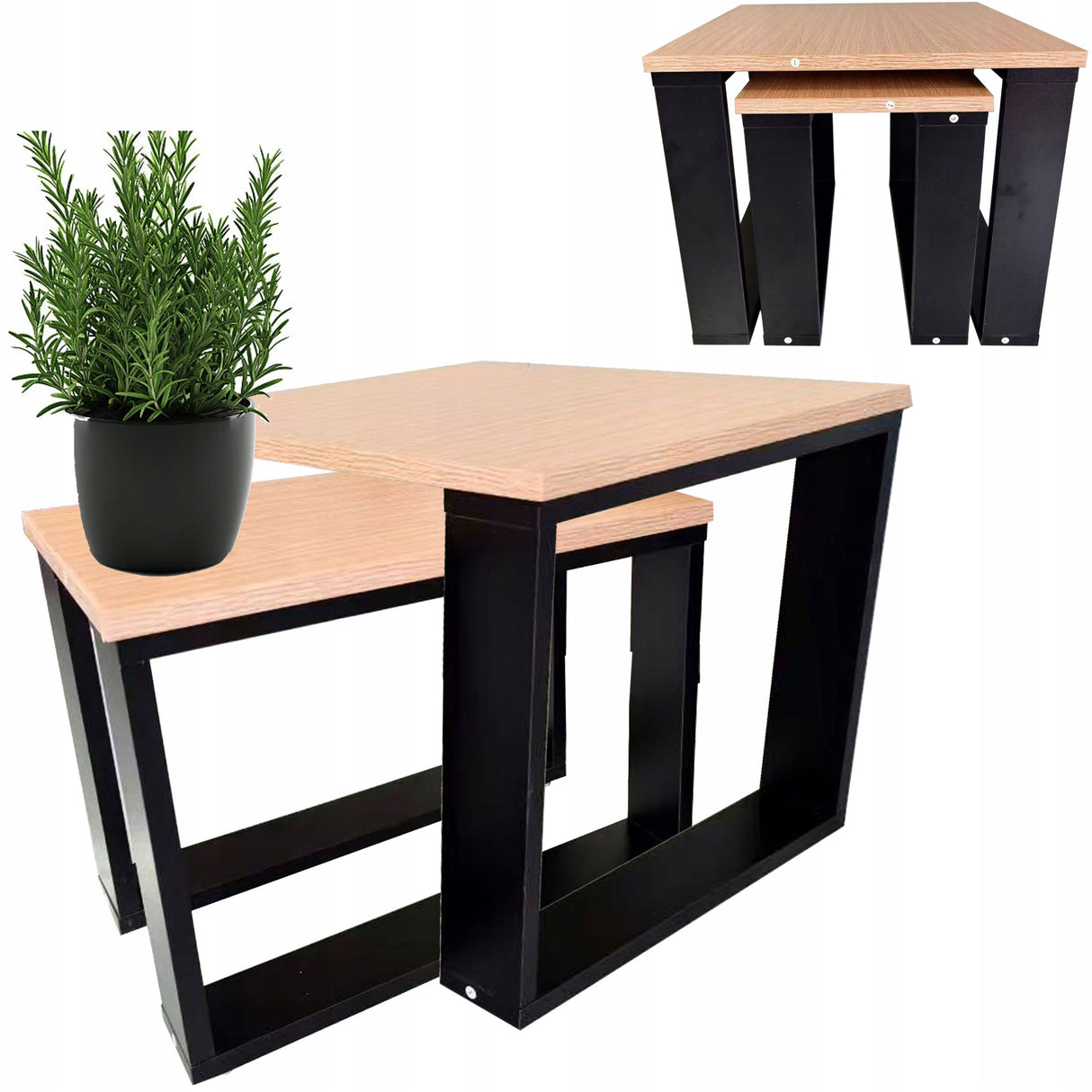 Stolik Kawowy Dąb Naturalny Loft Zestaw Kwadratowy 50x50cm 50x30cm